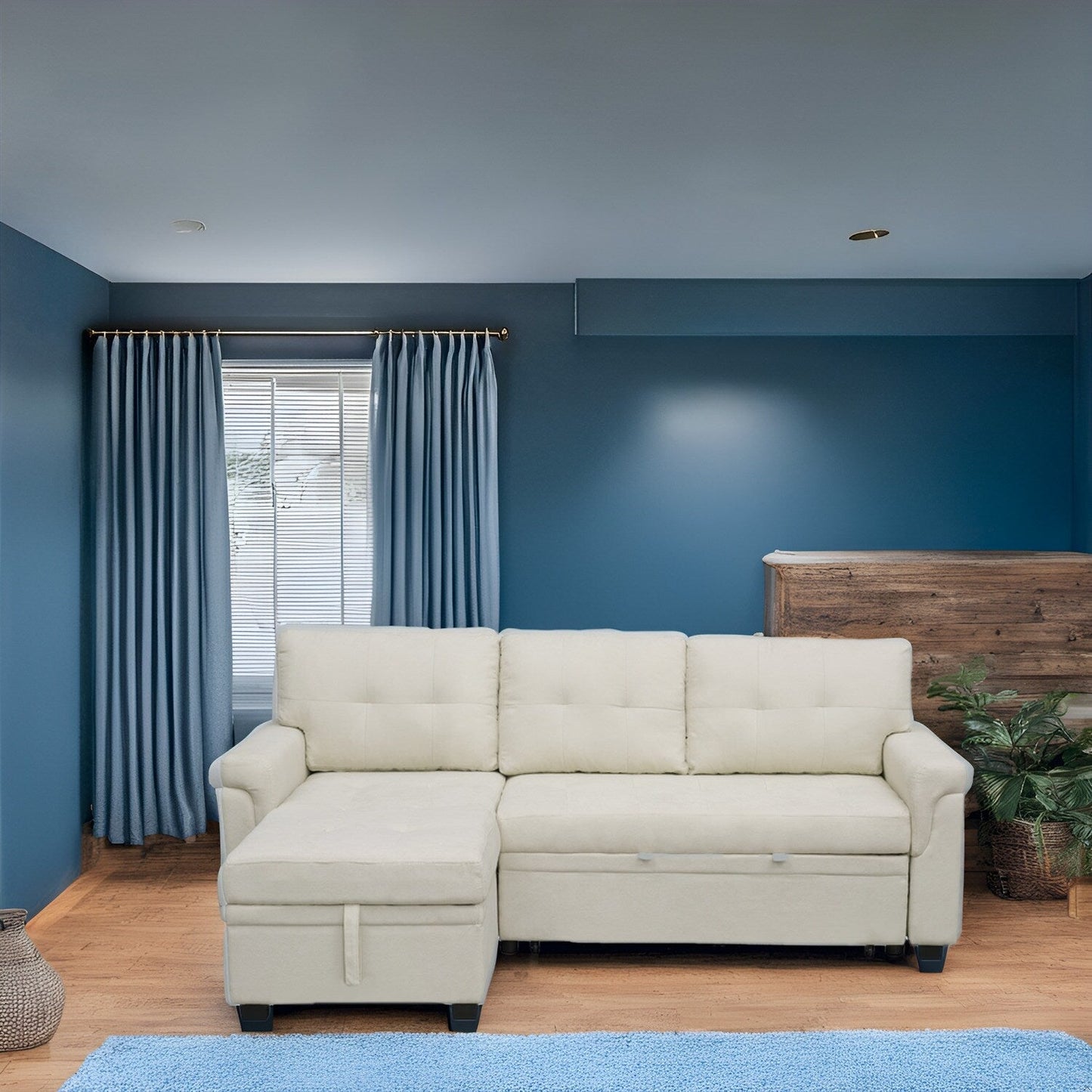 Canapé d'angle réversible avec lit gigogne, méridienne avec rangement dissimulé, pieds robustes.