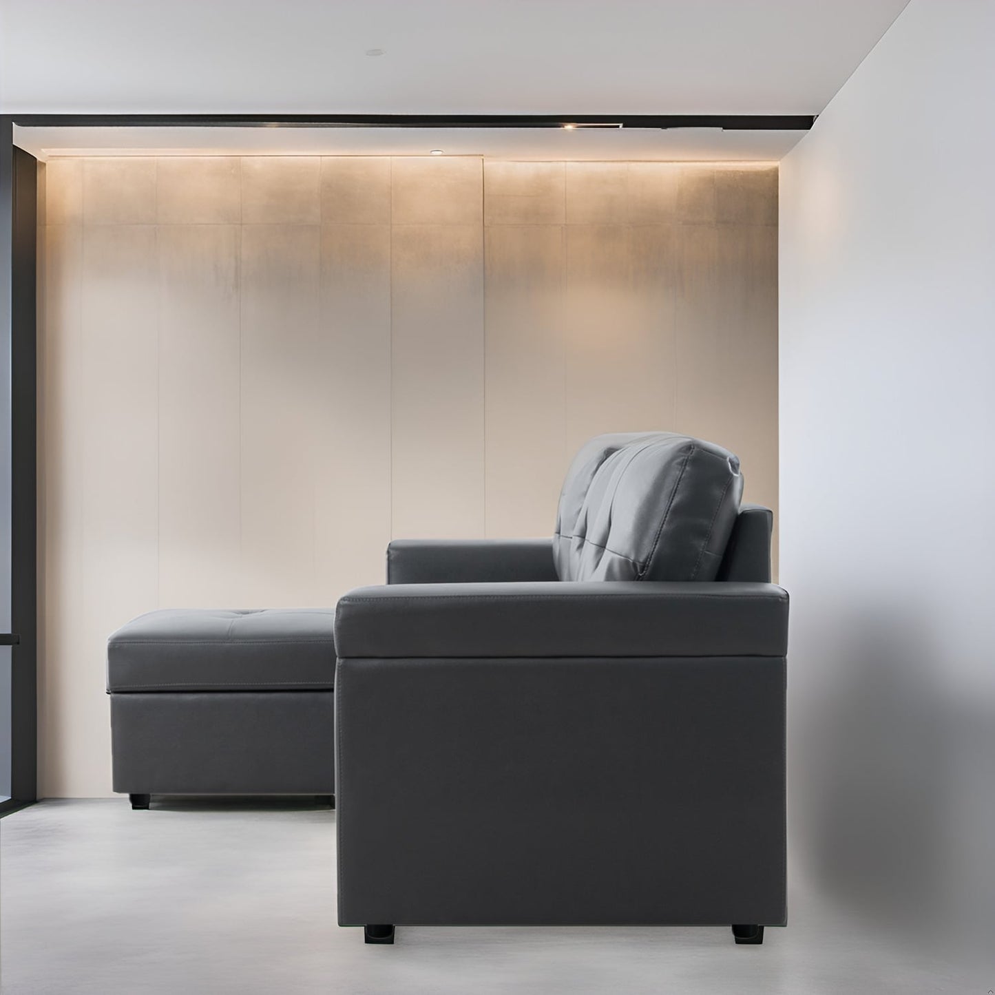 Canapé d'angle réversible avec lit gigogne, méridienne avec rangement dissimulé, pieds robustes.