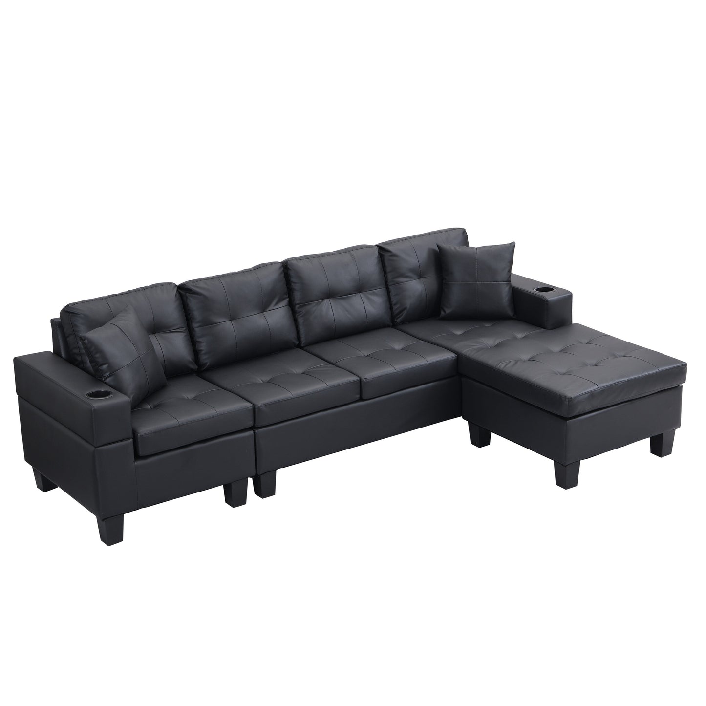 Ensemble de canapés sectionnels pour salon avec méridienne en L, porte-gobelet et méridienne gauche ou droite moderne 4 places (NOIR)