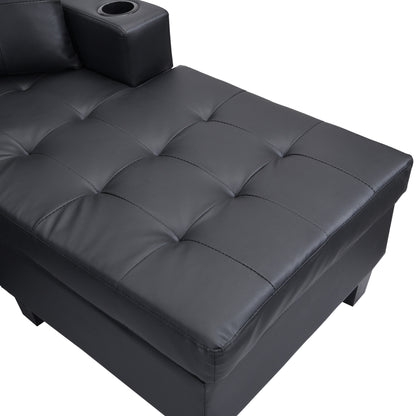 Ensemble de canapés sectionnels pour salon avec méridienne en L, porte-gobelet et méridienne gauche ou droite moderne 4 places (NOIR)