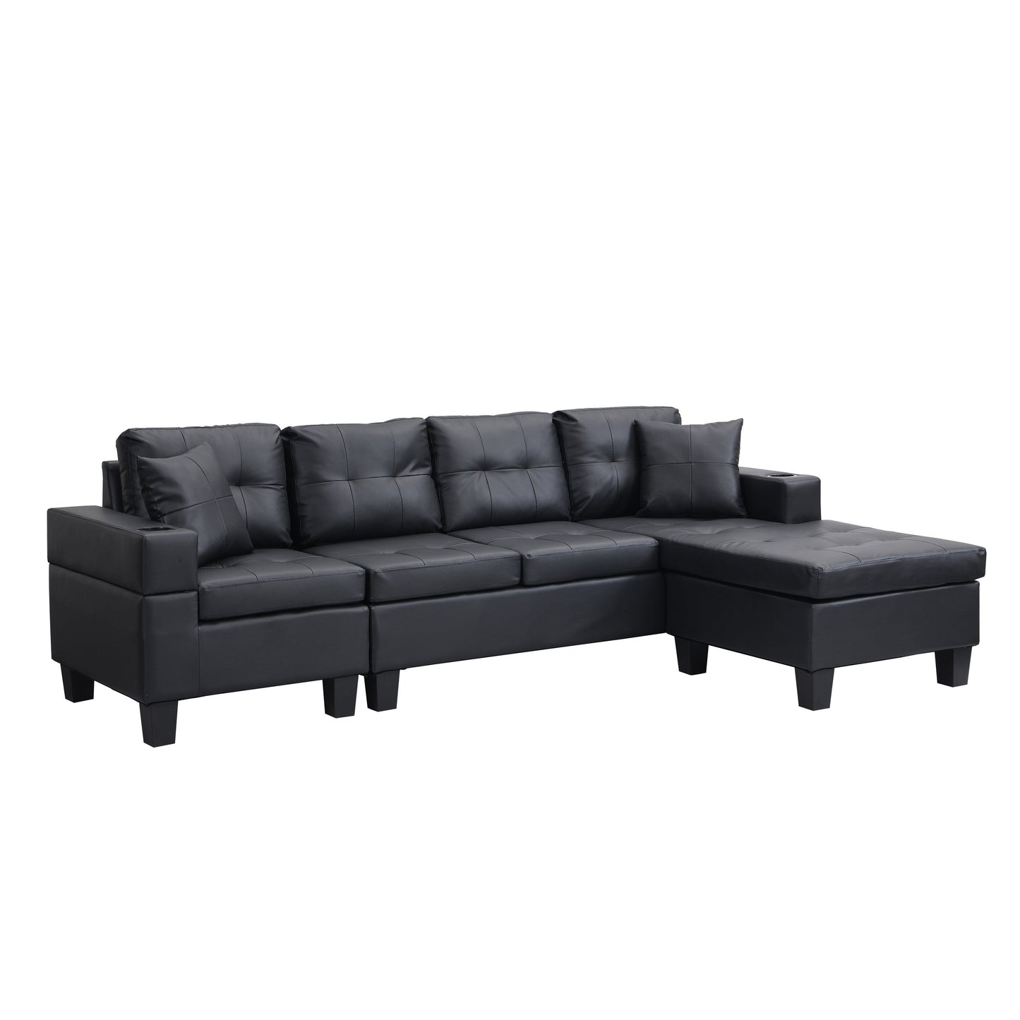 Ensemble de canapés sectionnels pour salon avec méridienne en L, porte-gobelet et méridienne gauche ou droite moderne 4 places (NOIR)