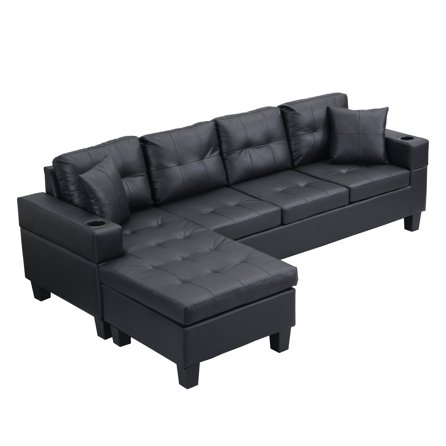 Ensemble de canapés sectionnels pour salon avec méridienne en L, porte-gobelet et méridienne gauche ou droite moderne 4 places (NOIR)