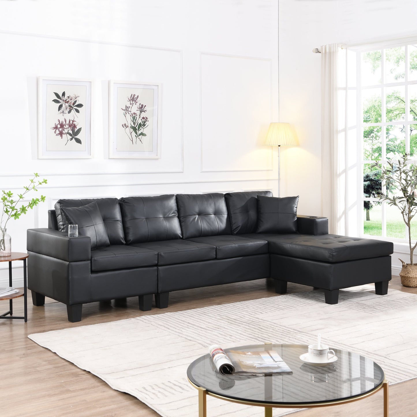 Ensemble de canapés sectionnels pour salon avec méridienne en L, porte-gobelet et méridienne gauche ou droite moderne 4 places (NOIR)