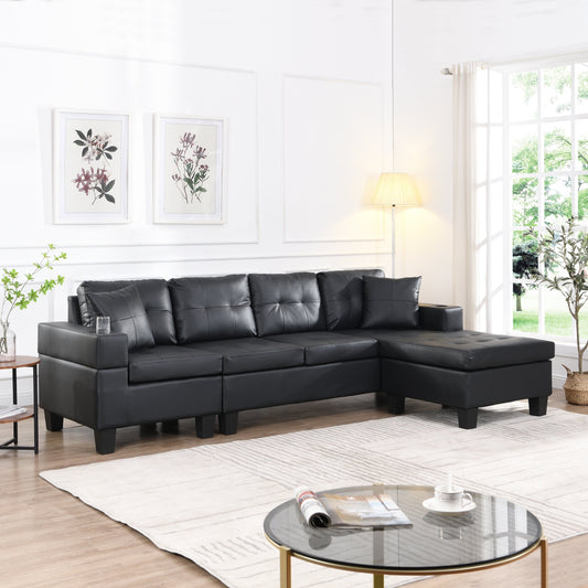 Ensemble de canapés sectionnels pour salon avec méridienne en L, porte-gobelet et méridienne gauche ou droite moderne 4 places (NOIR)