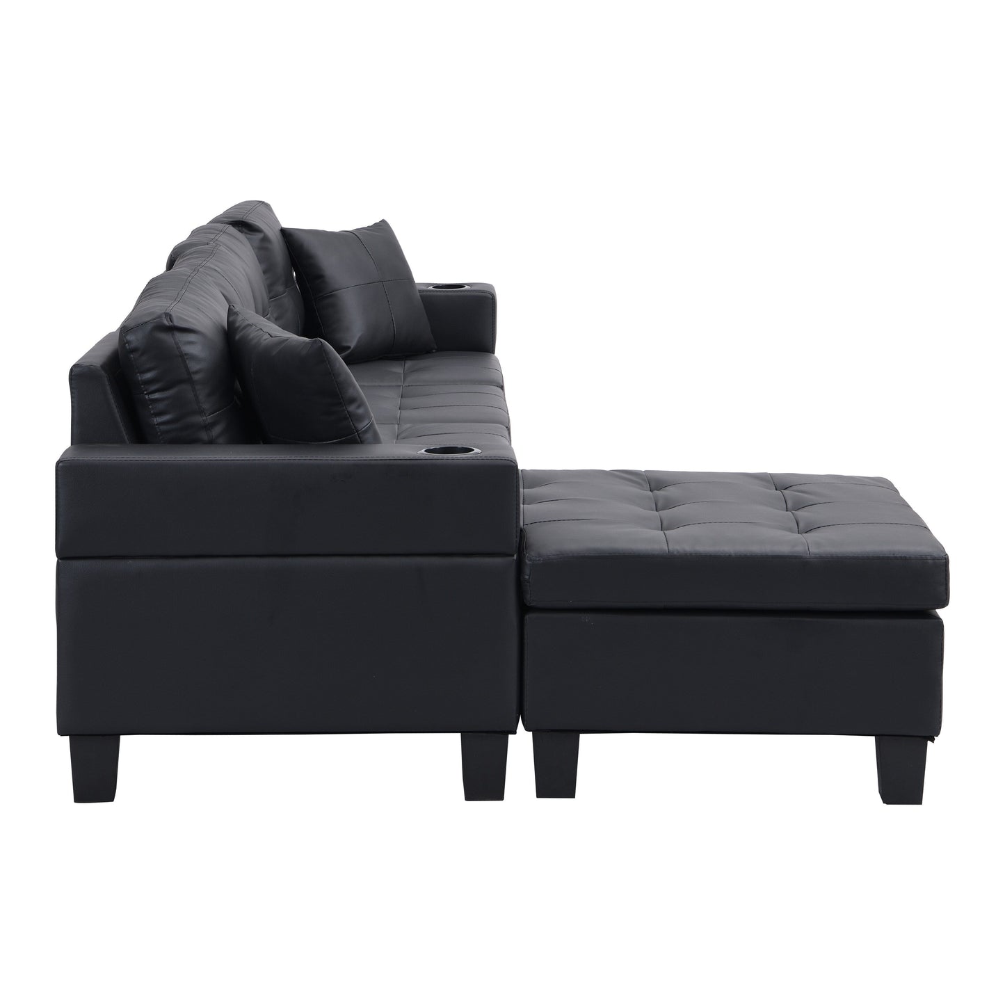 Ensemble de canapés sectionnels pour salon avec méridienne en L, porte-gobelet et méridienne gauche ou droite moderne 4 places (NOIR)