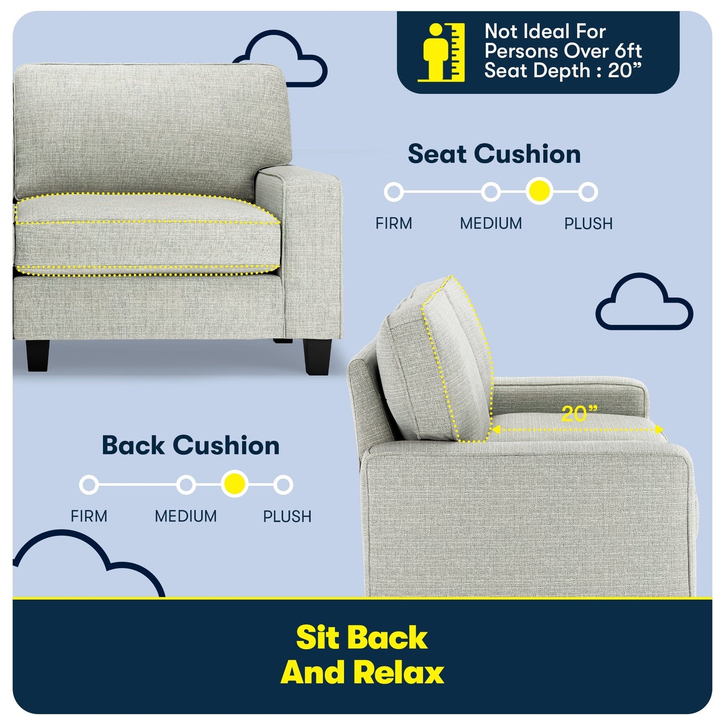 Canapé Serta Palisades 73 avec accoudoirs droits, polyester facile d'entretien, dossier moelleux et coussins d'assise à ressorts ensachés