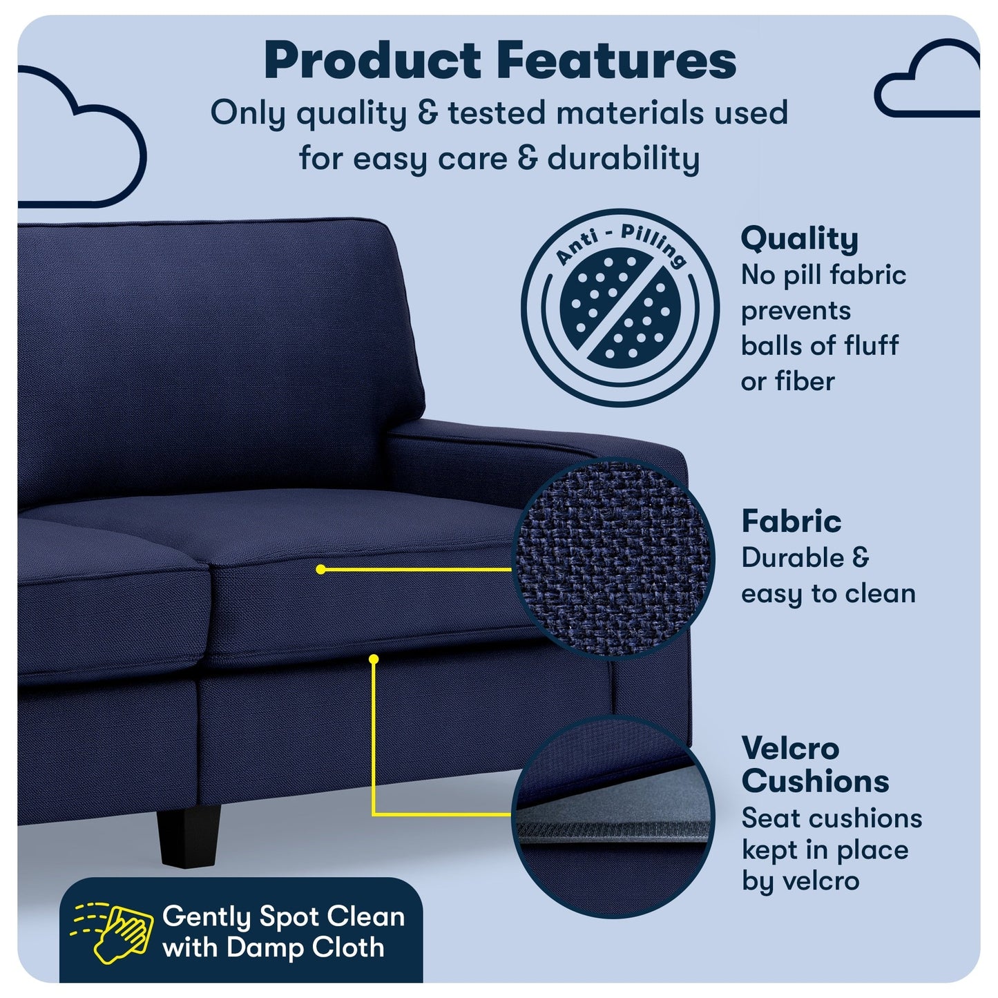 Canapé Serta Palisades 73 avec accoudoirs droits, polyester facile d'entretien, dossier moelleux et coussins d'assise à ressorts ensachés