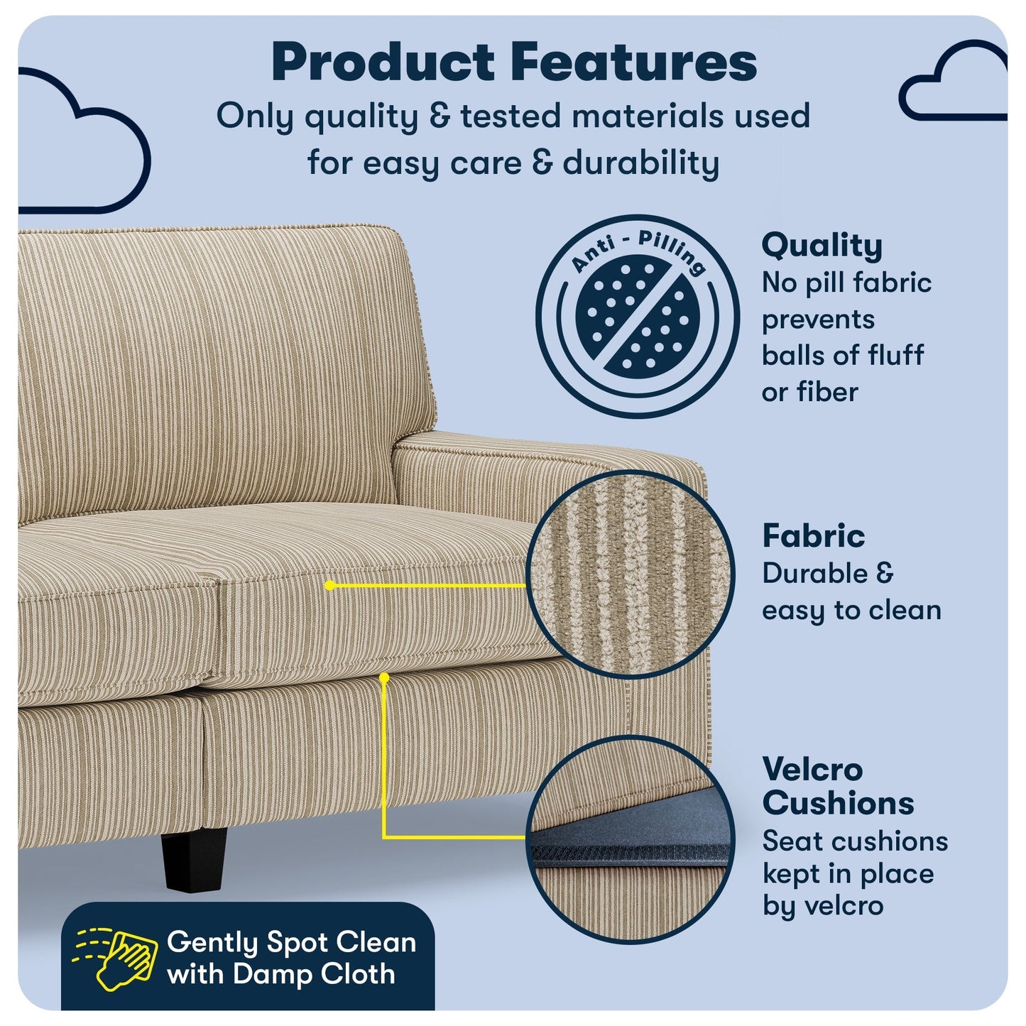 Canapé Serta Palisades 73 avec accoudoirs droits, polyester facile d'entretien, dossier moelleux et coussins d'assise à ressorts ensachés