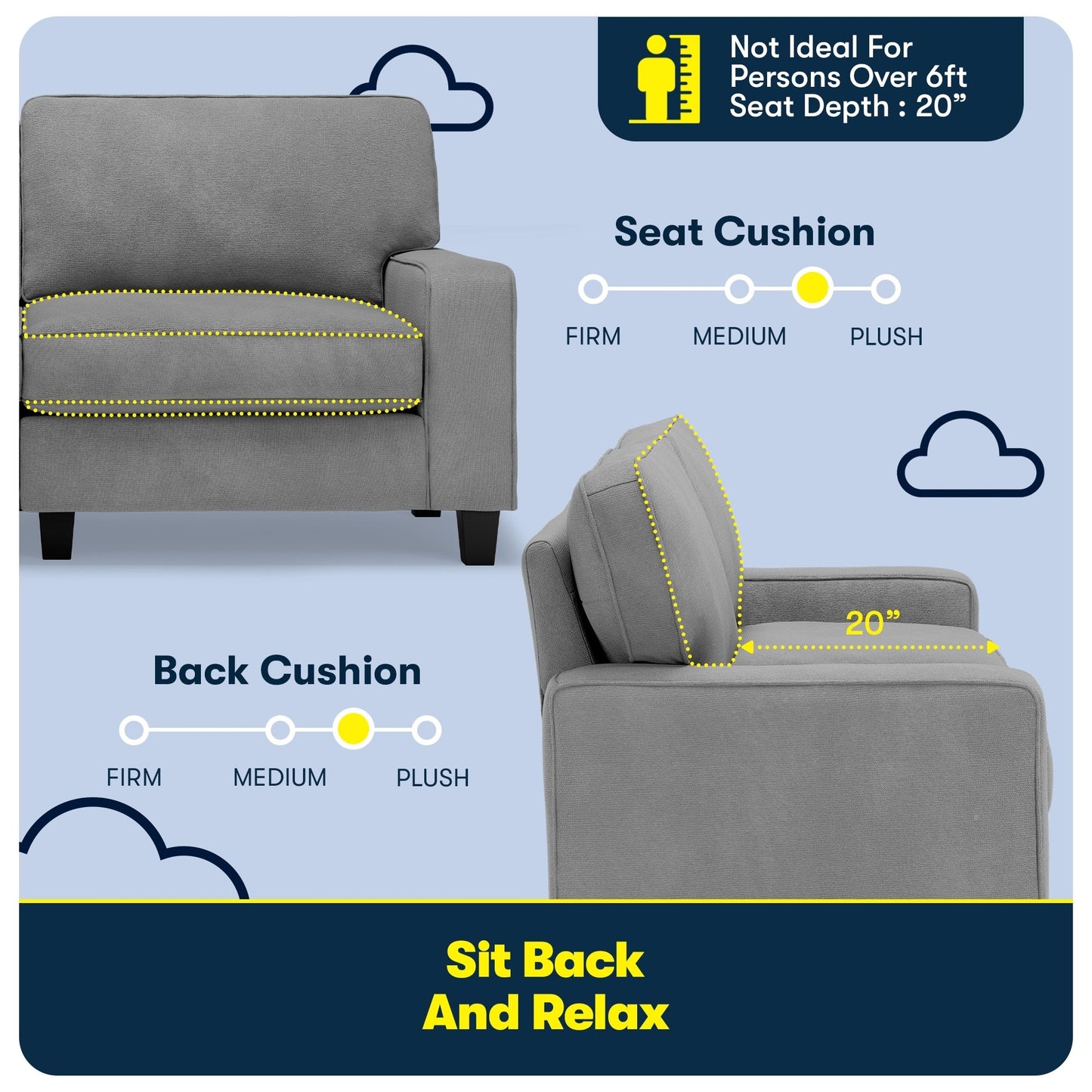 Canapé Serta Palisades 73 avec accoudoirs droits, polyester facile d'entretien, dossier moelleux et coussins d'assise à ressorts ensachés