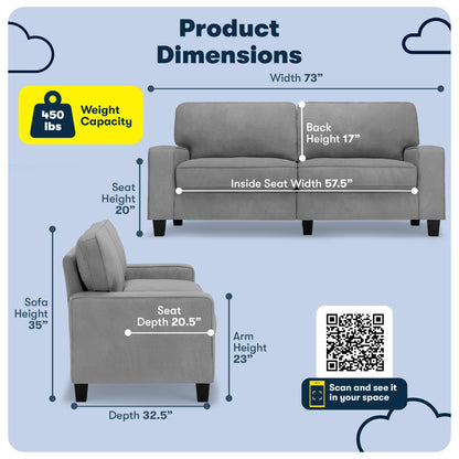 Canapé Serta Palisades 73 avec accoudoirs droits, polyester facile d'entretien, dossier moelleux et coussins d'assise à ressorts ensachés