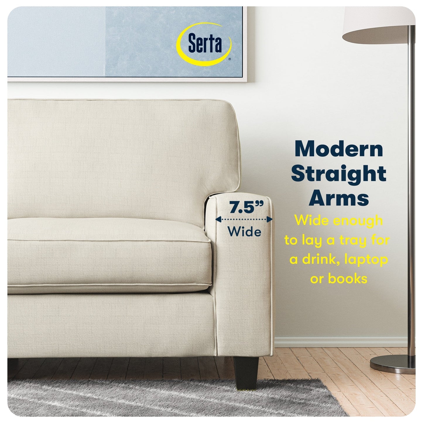 Canapé Serta Palisades 73 avec accoudoirs droits, polyester facile d'entretien, dossier moelleux et coussins d'assise à ressorts ensachés
