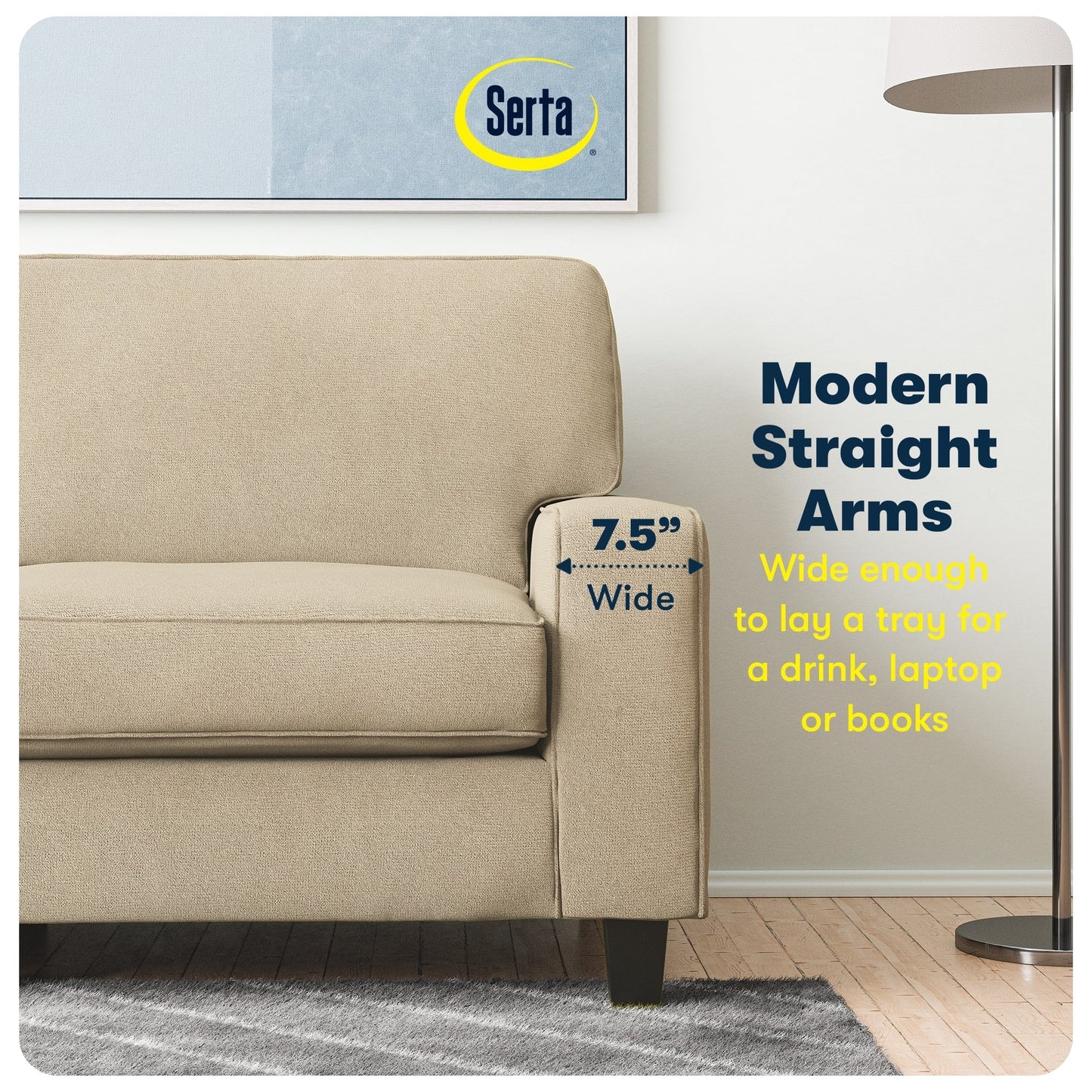 Canapé Serta Palisades 73 avec accoudoirs droits, polyester facile d'entretien, dossier moelleux et coussins d'assise à ressorts ensachés