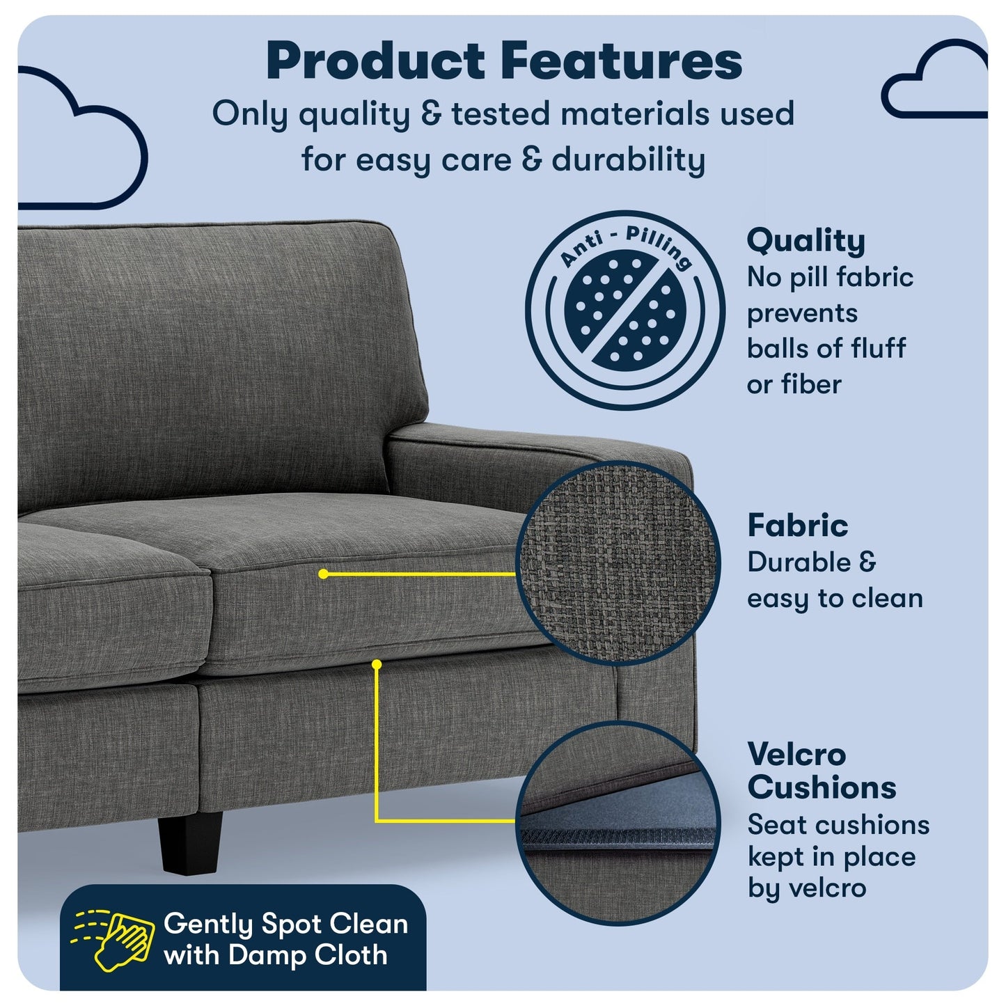 Canapé Serta Palisades 73 avec accoudoirs droits, polyester facile d'entretien, dossier moelleux et coussins d'assise à ressorts ensachés
