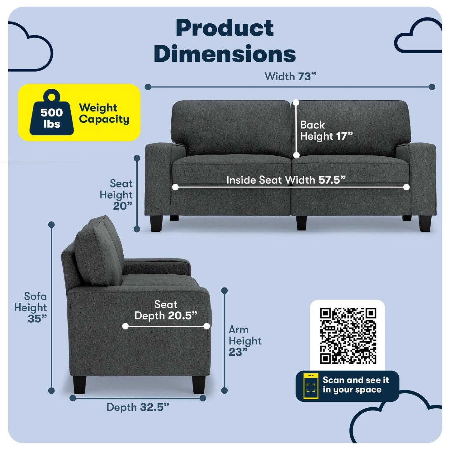 Canapé Serta Palisades 73 avec accoudoirs droits, polyester facile d'entretien, dossier moelleux et coussins d'assise à ressorts ensachés