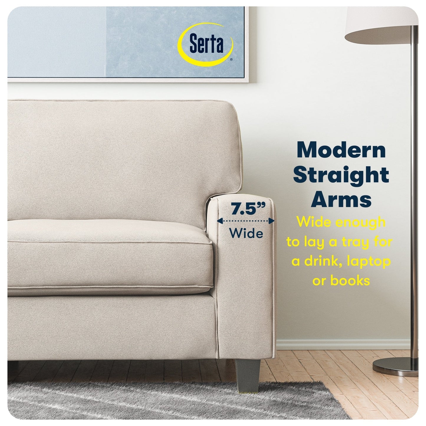 Canapé Serta Palisades 73 avec accoudoirs droits, polyester facile d'entretien, dossier moelleux et coussins d'assise à ressorts ensachés