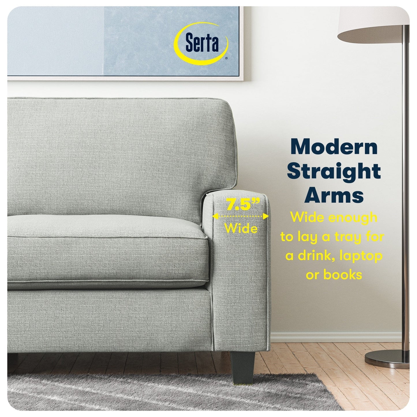 Canapé Serta Palisades 73 avec accoudoirs droits, polyester facile d'entretien, dossier moelleux et coussins d'assise à ressorts ensachés