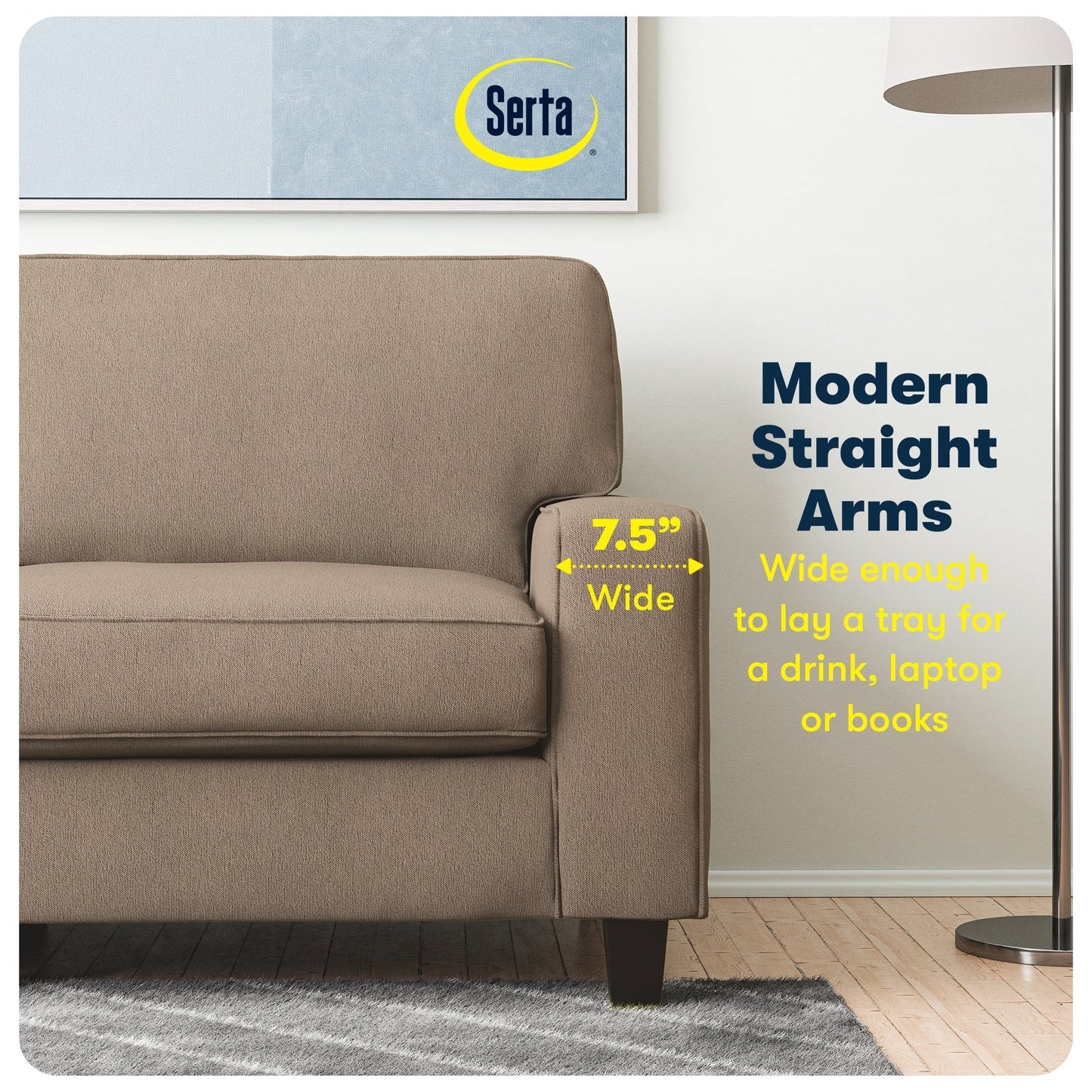 Canapé Serta Palisades 73 avec accoudoirs droits, polyester facile d'entretien, dossier moelleux et coussins d'assise à ressorts ensachés