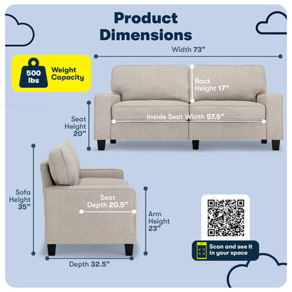 Canapé Serta Palisades 73 avec accoudoirs droits, polyester facile d'entretien, dossier moelleux et coussins d'assise à ressorts ensachés
