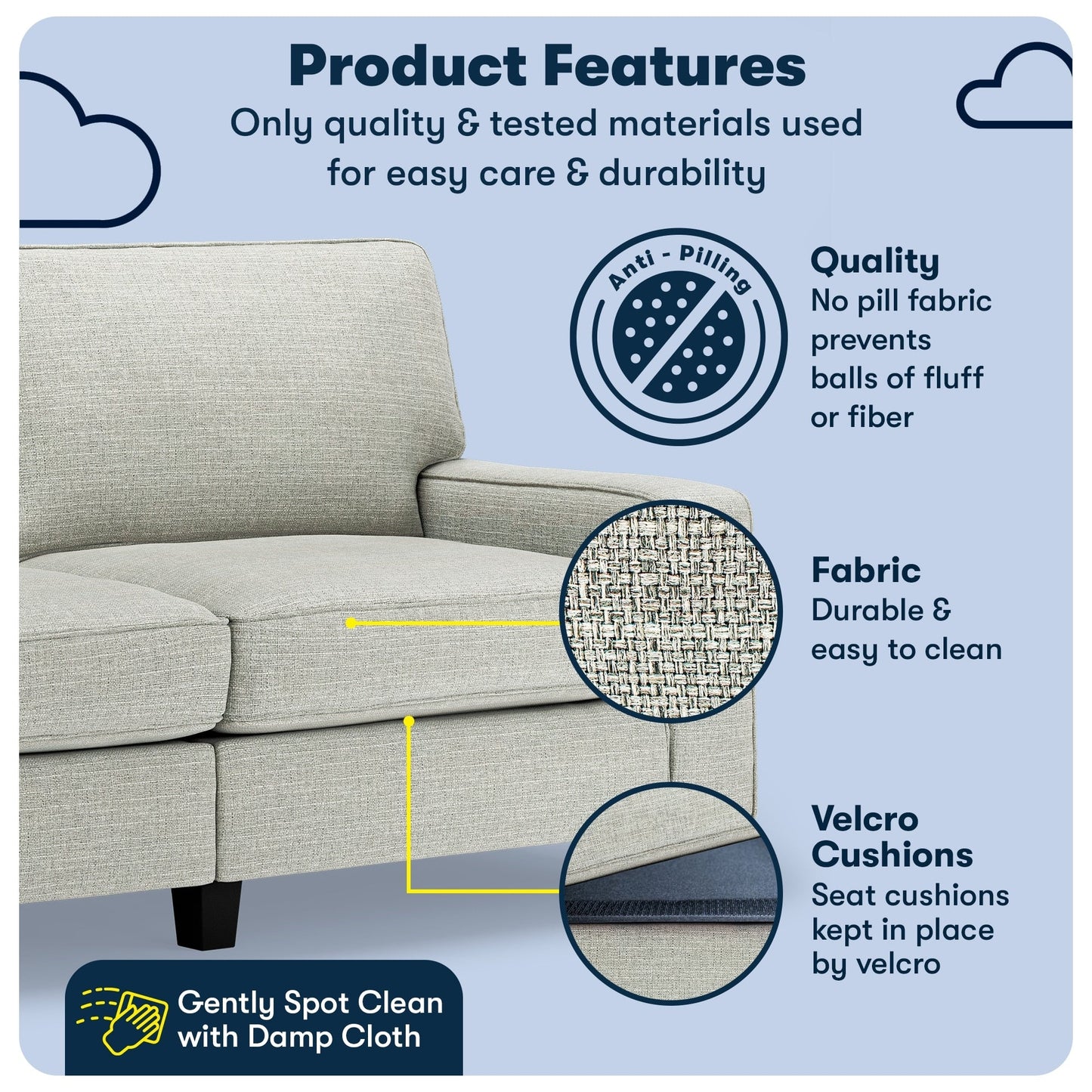 Canapé Serta Palisades 73 avec accoudoirs droits, polyester facile d'entretien, dossier moelleux et coussins d'assise à ressorts ensachés