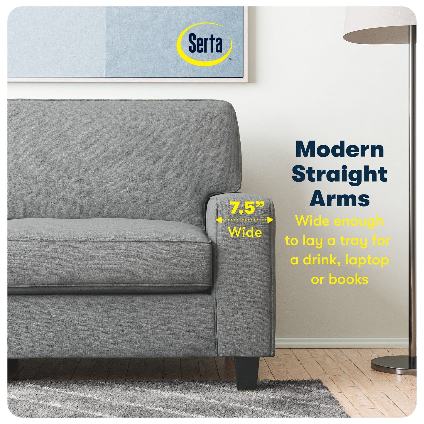 Canapé Serta Palisades 73 avec accoudoirs droits, polyester facile d'entretien, dossier moelleux et coussins d'assise à ressorts ensachés