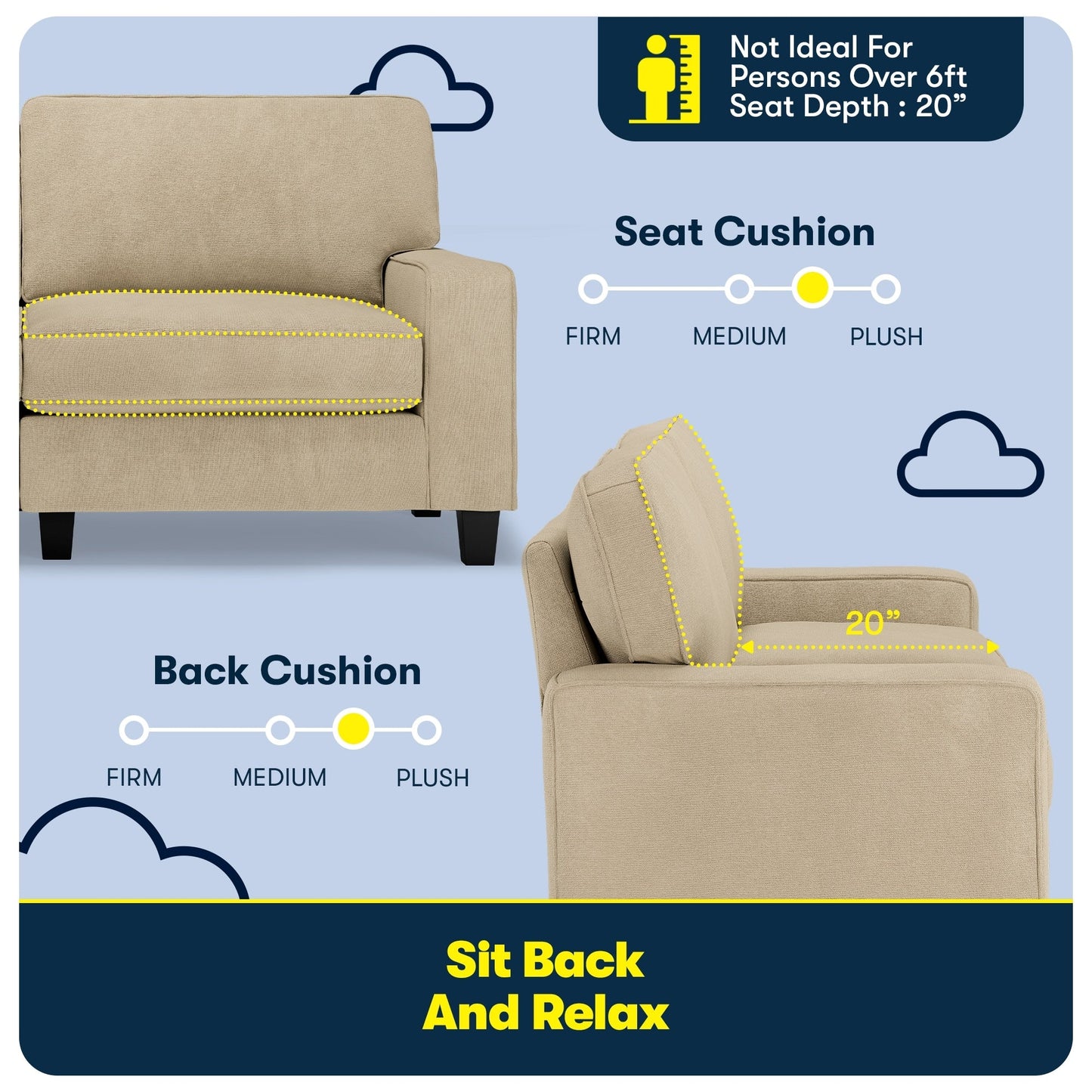 Canapé Serta Palisades 73 avec accoudoirs droits, polyester facile d'entretien, dossier moelleux et coussins d'assise à ressorts ensachés