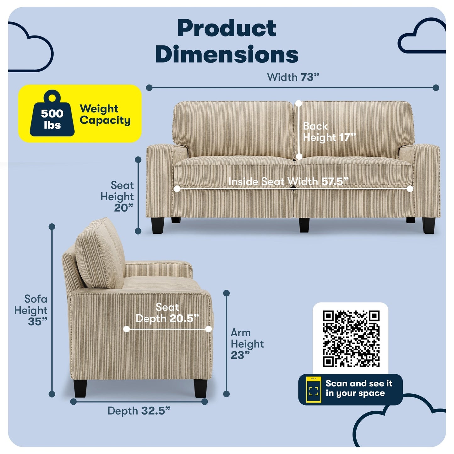 Canapé Serta Palisades 73 avec accoudoirs droits, polyester facile d'entretien, dossier moelleux et coussins d'assise à ressorts ensachés