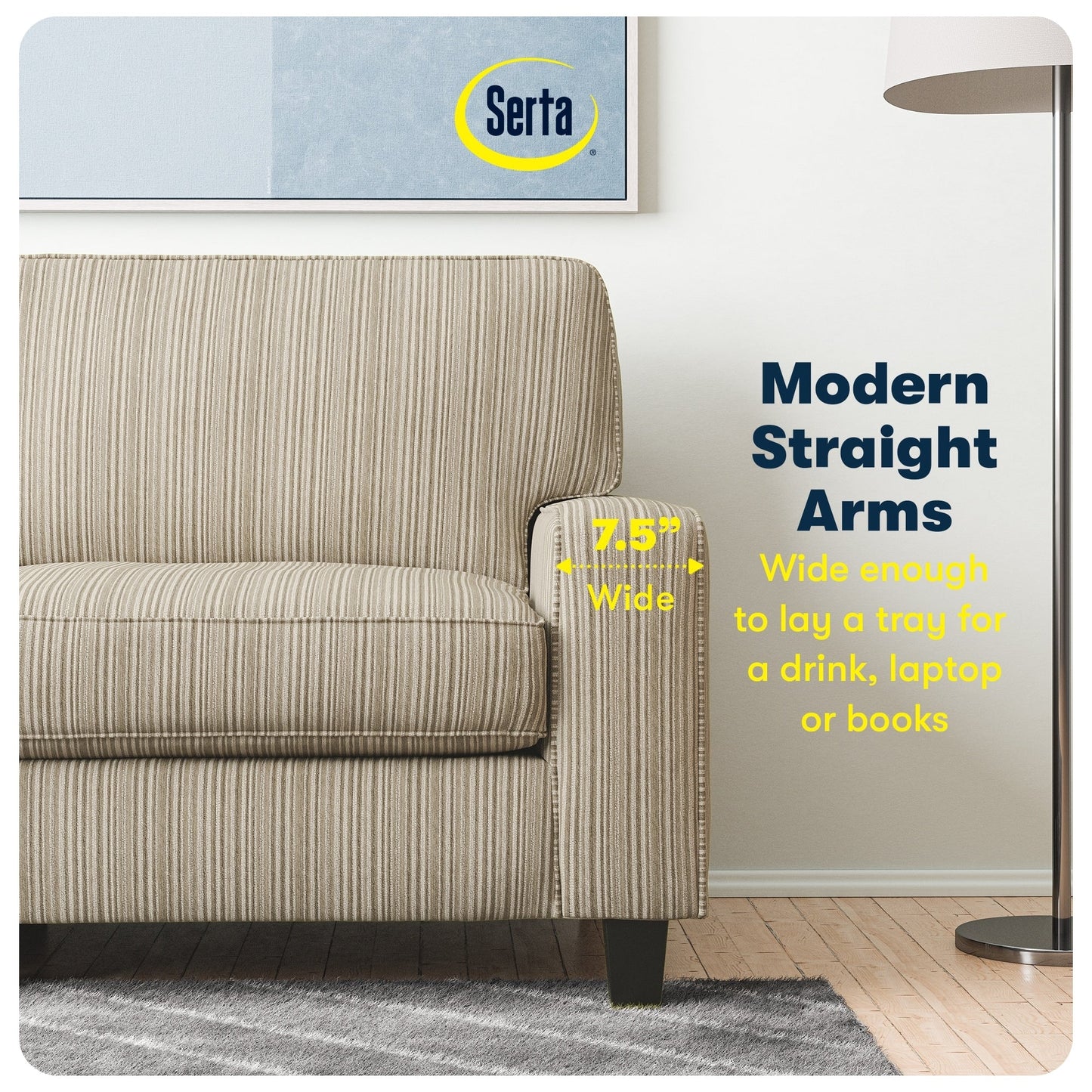 Canapé Serta Palisades 73 avec accoudoirs droits, polyester facile d'entretien, dossier moelleux et coussins d'assise à ressorts ensachés