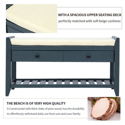 Étagère à chaussures avec siège rembourré et tiroirs, banc de rangement multifonctionnel, bleu marine antique - 39 cm (L) x 14 cm (l) x 19,8 cm (H)