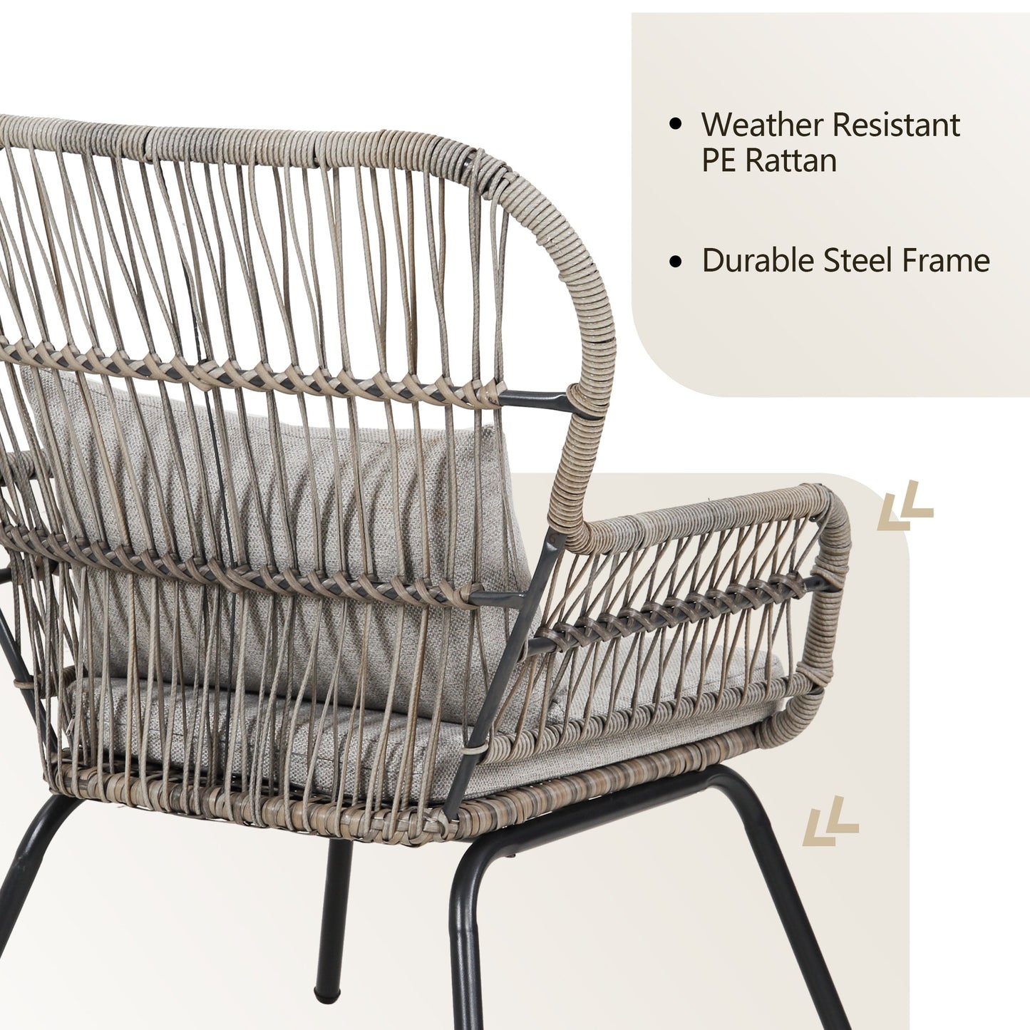 Ensemble bistro de conversation en résine tressée 3 pièces pour extérieur, mobilier de patio en rotin résistant aux intempéries avec coussins