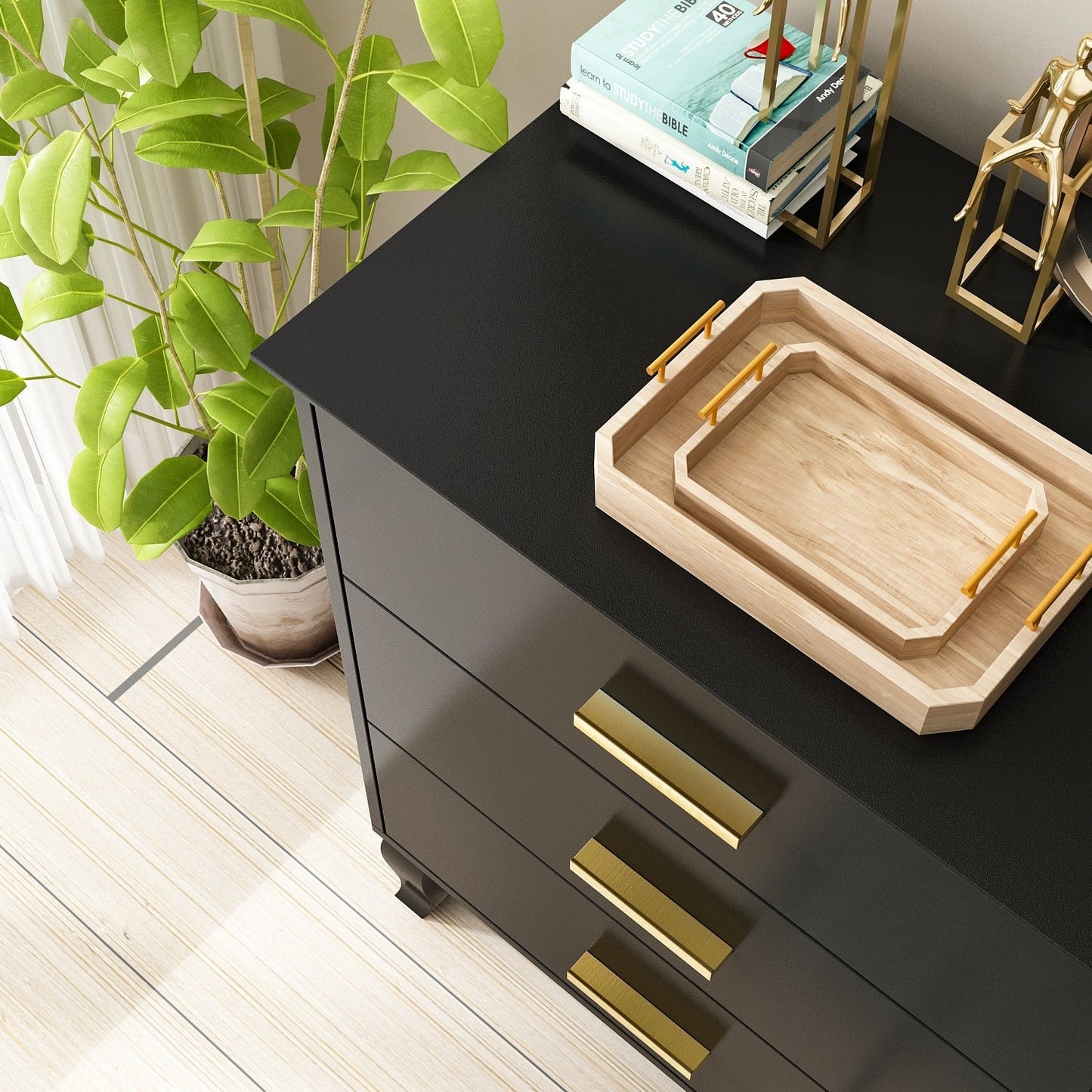 Commode double Timechee à 6 tiroirs, 120 cm de large, pieds en bois massif, finition laquée.