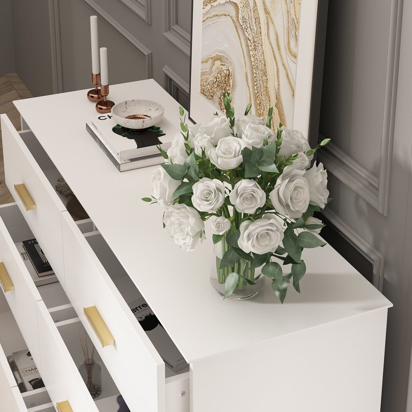 Commode double Timechee à 6 tiroirs, 120 cm de large, pieds en bois massif, finition laquée.