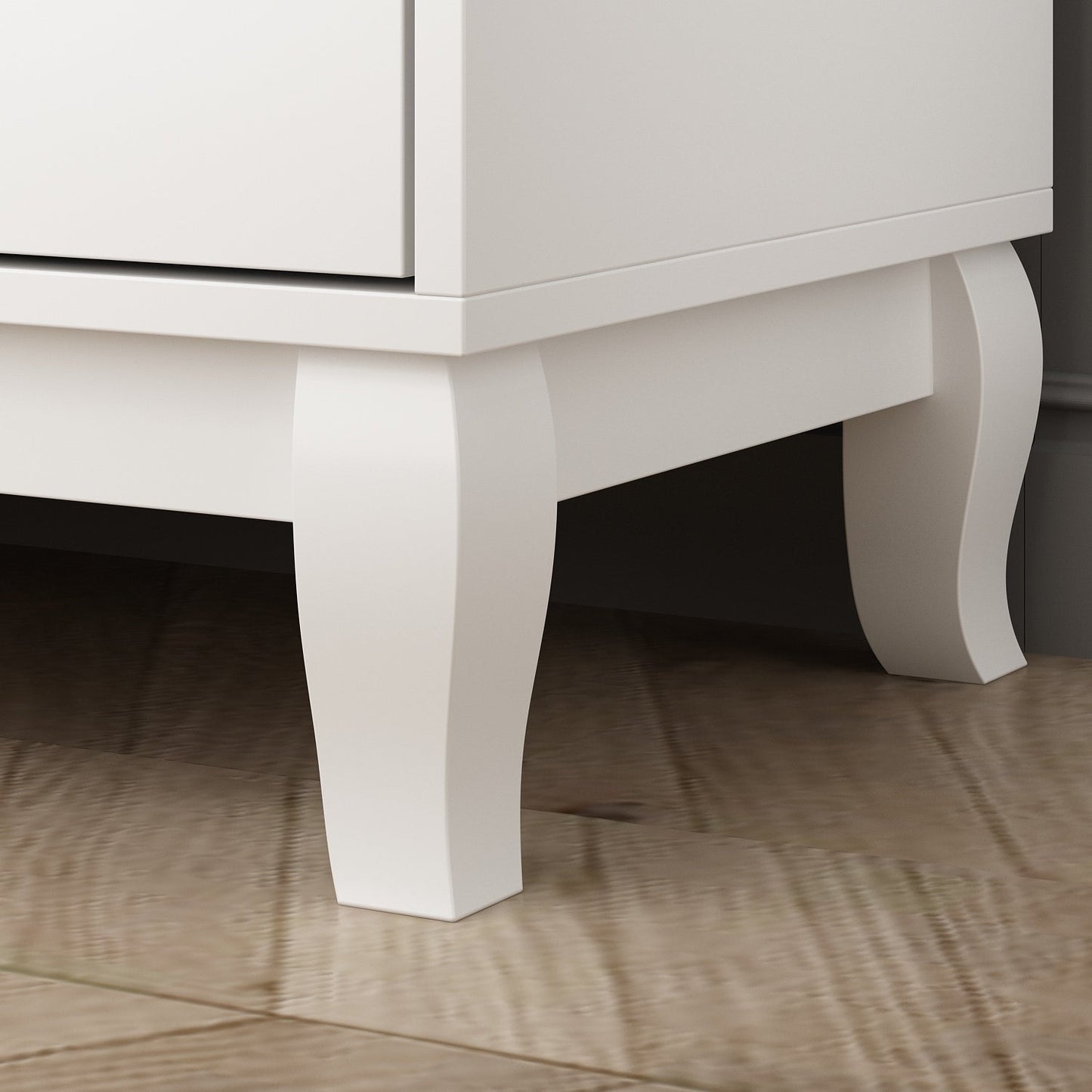 Commode double Timechee à 6 tiroirs, 120 cm de large, pieds en bois massif, finition laquée.