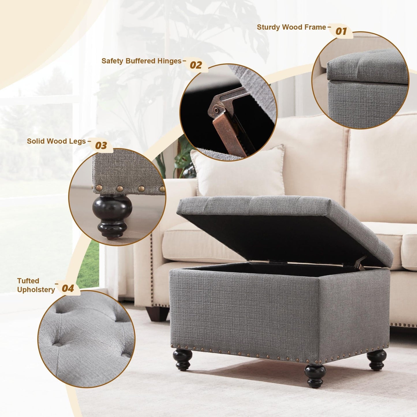 Banc ottoman de rangement capitonné, repose-pieds rectangulaire