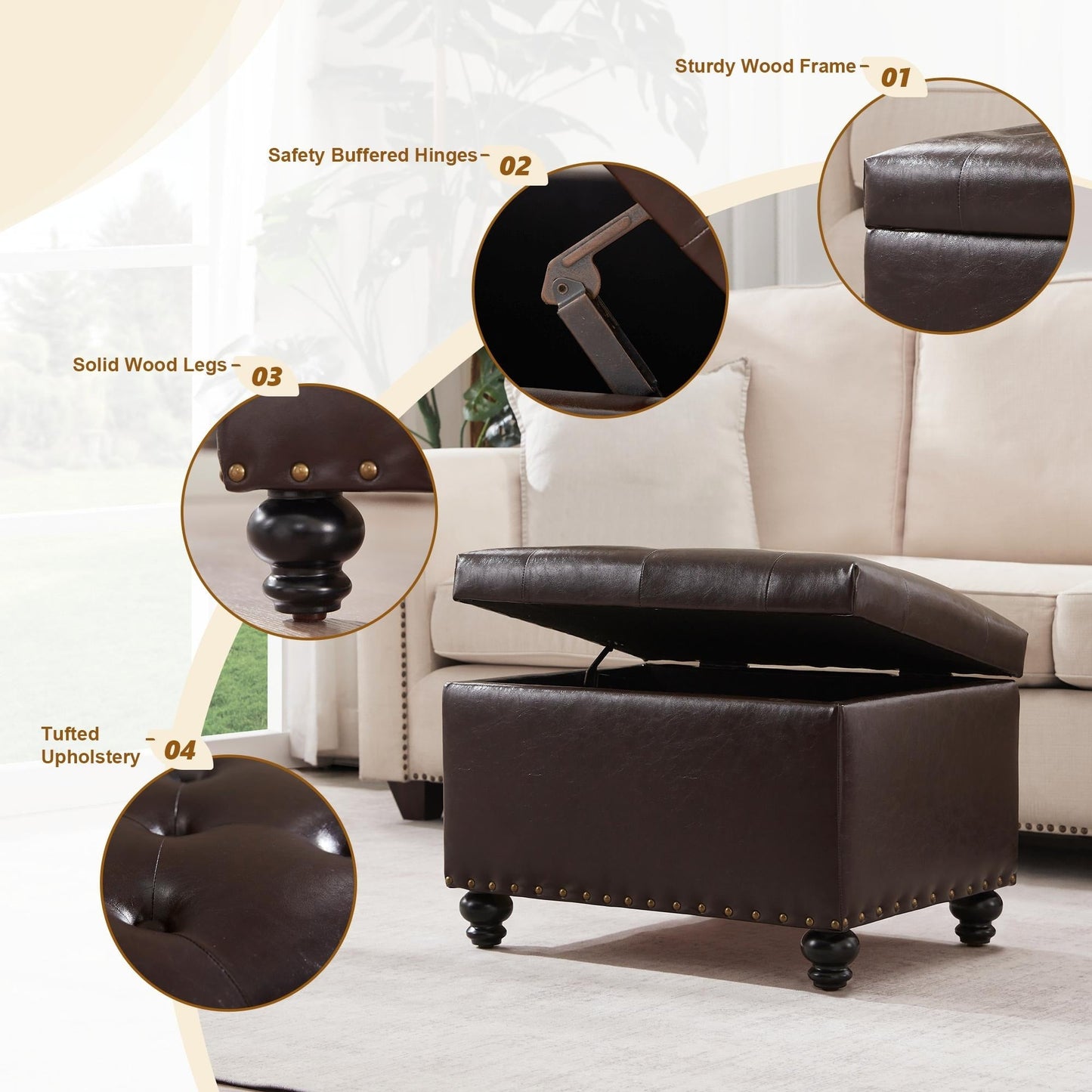 Banc ottoman de rangement capitonné, repose-pieds rectangulaire