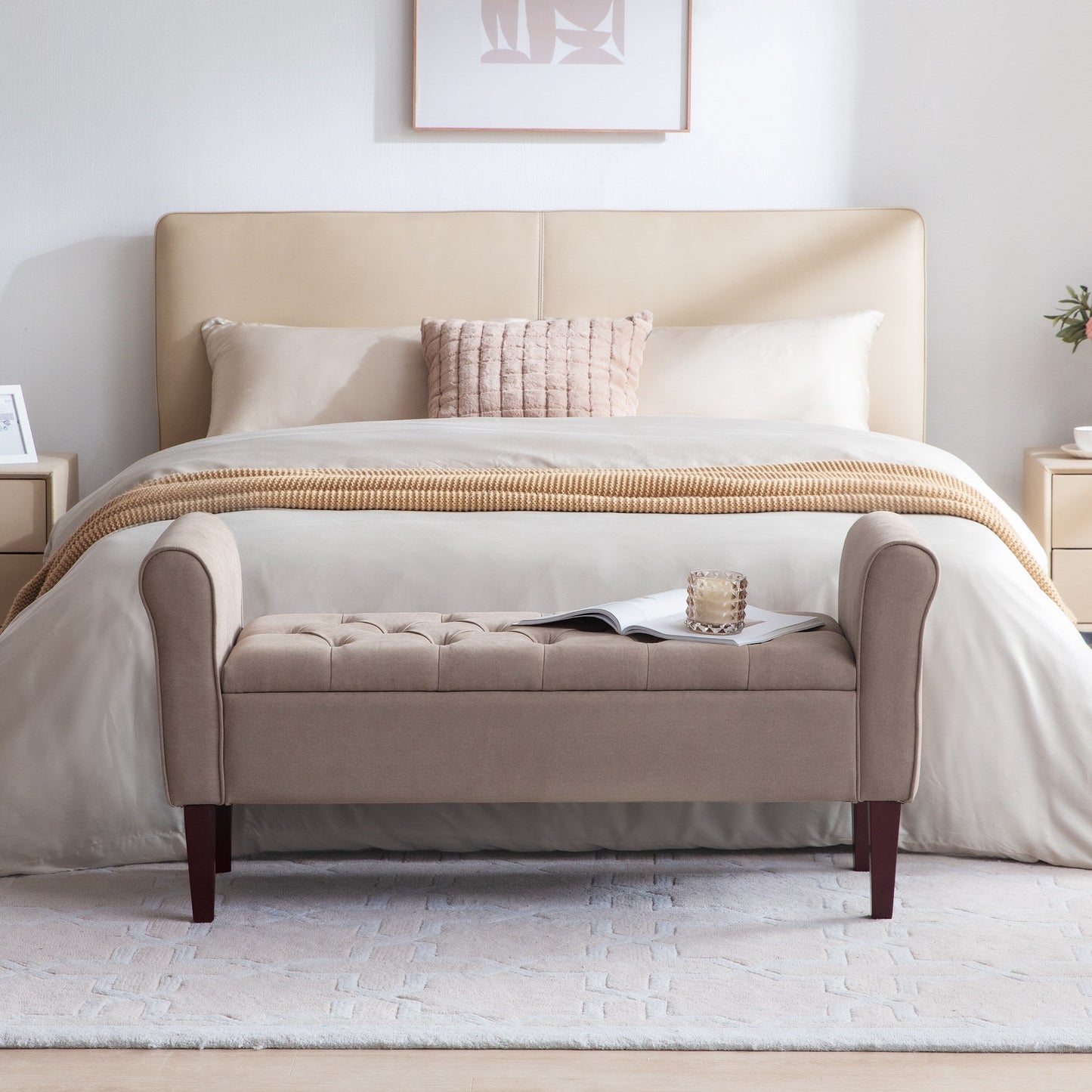 Banc de rangement rembourré avec accoudoirs et dossier capitonné rabattable, 128 cm (50,4 pouces).