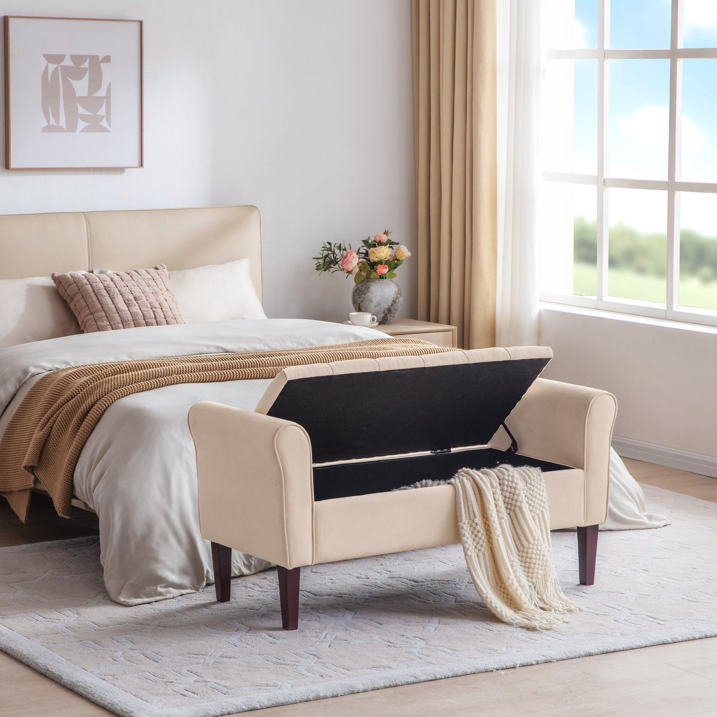 Banc de rangement rembourré avec accoudoirs et dossier capitonné rabattable, 128 cm (50,4 pouces).