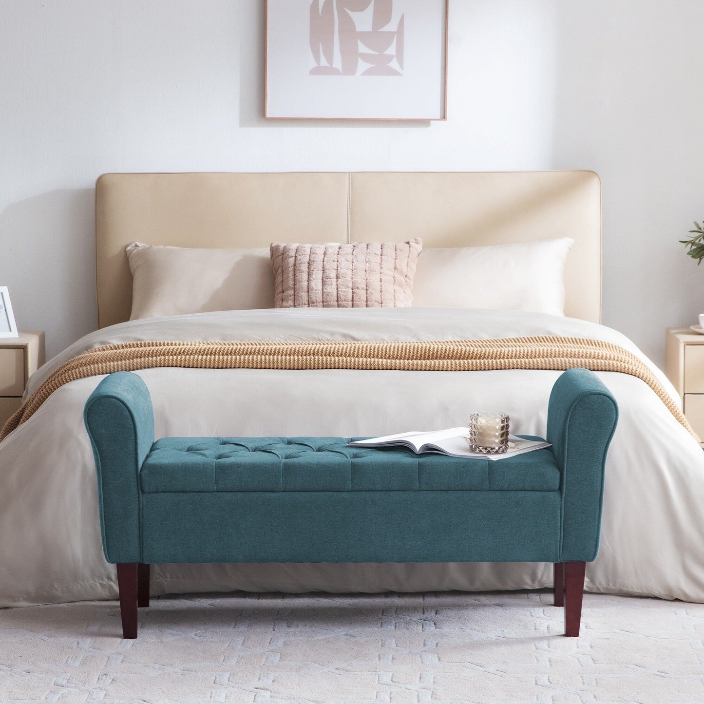 Banc de rangement rembourré avec accoudoirs et dossier capitonné rabattable, 128 cm (50,4 pouces).