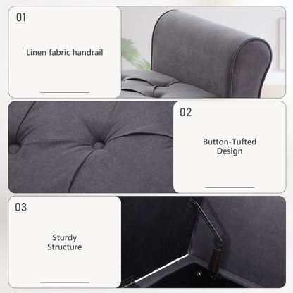 Banc de rangement rembourré avec accoudoirs et dossier capitonné rabattable, 128 cm (50,4 pouces).