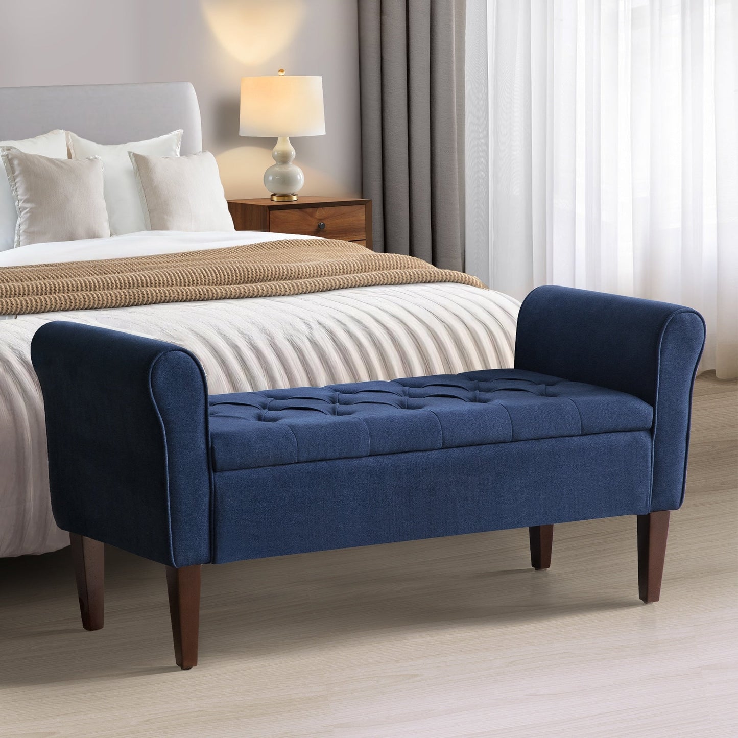 Banc de rangement rembourré avec accoudoirs et dossier capitonné rabattable, 128 cm (50,4 pouces).