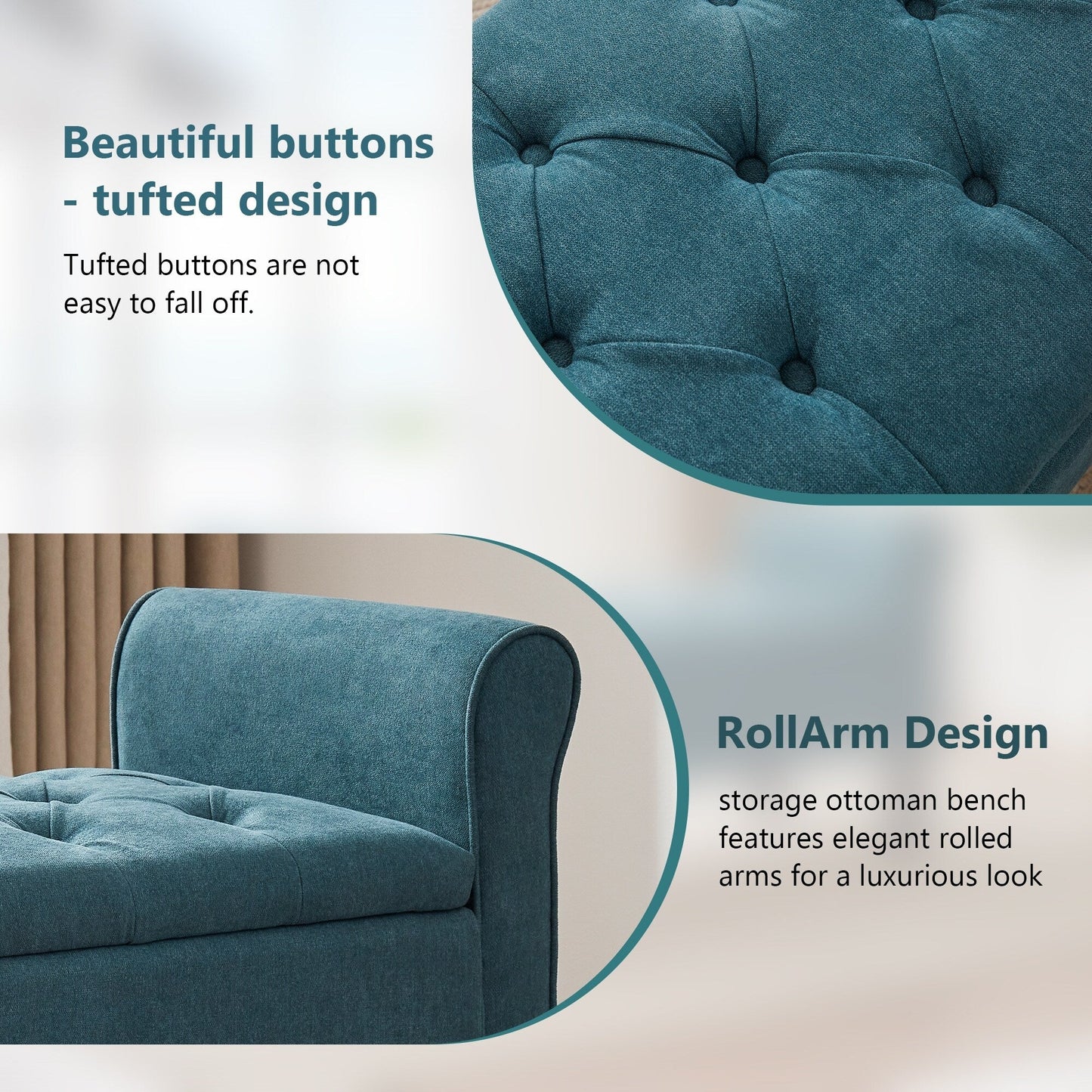 Banc de rangement rembourré avec accoudoirs et dossier capitonné rabattable, 128 cm (50,4 pouces).