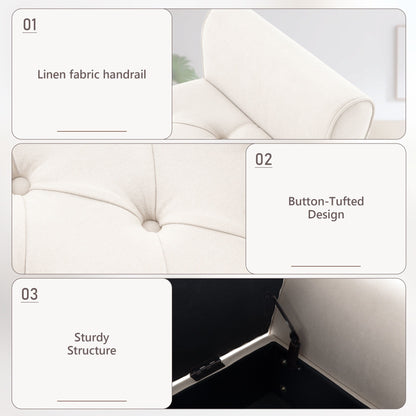 Banc de rangement rembourré avec accoudoirs et dossier capitonné rabattable, 128 cm (50,4 pouces).