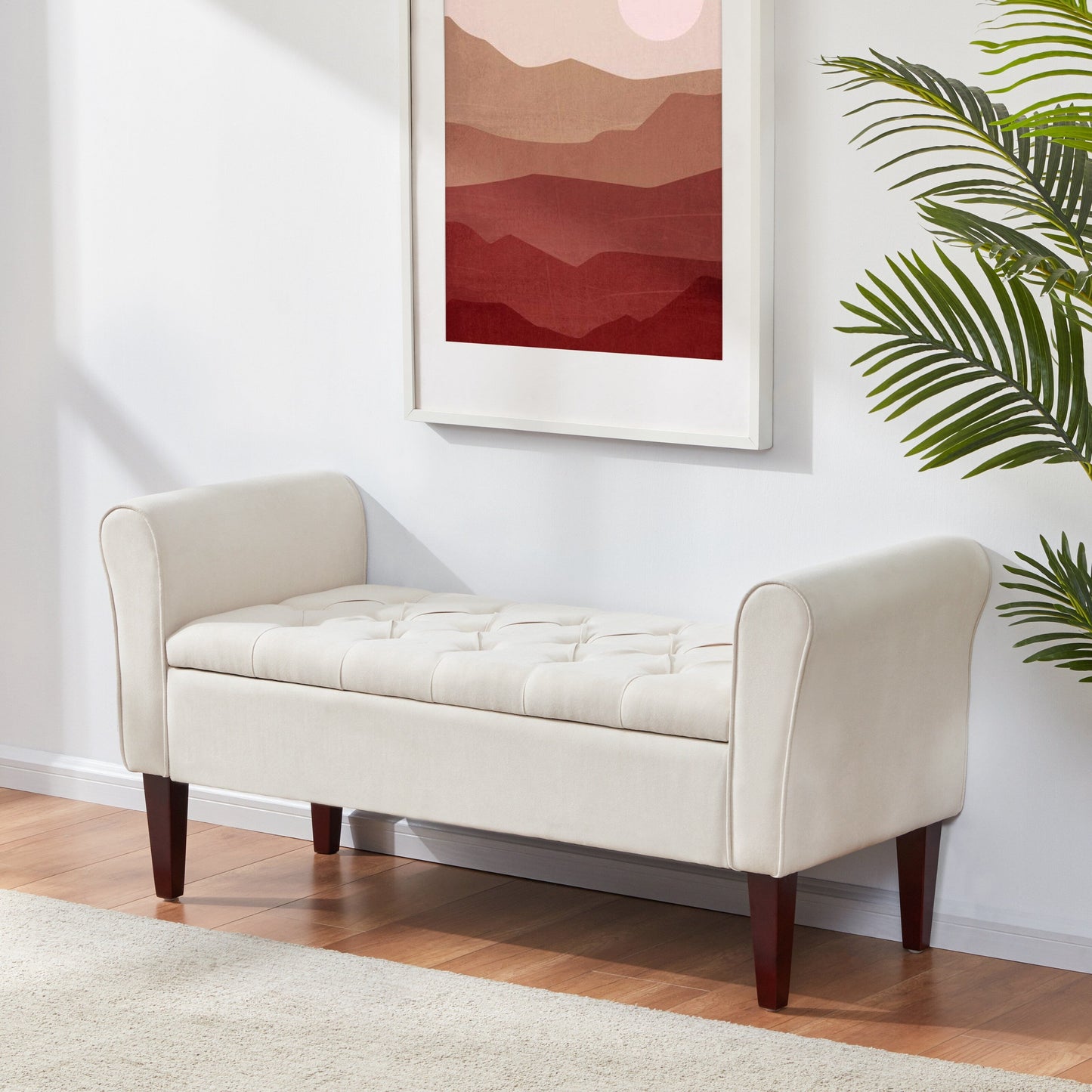 Banc de rangement rembourré avec accoudoirs et dossier capitonné rabattable, 128 cm (50,4 pouces).