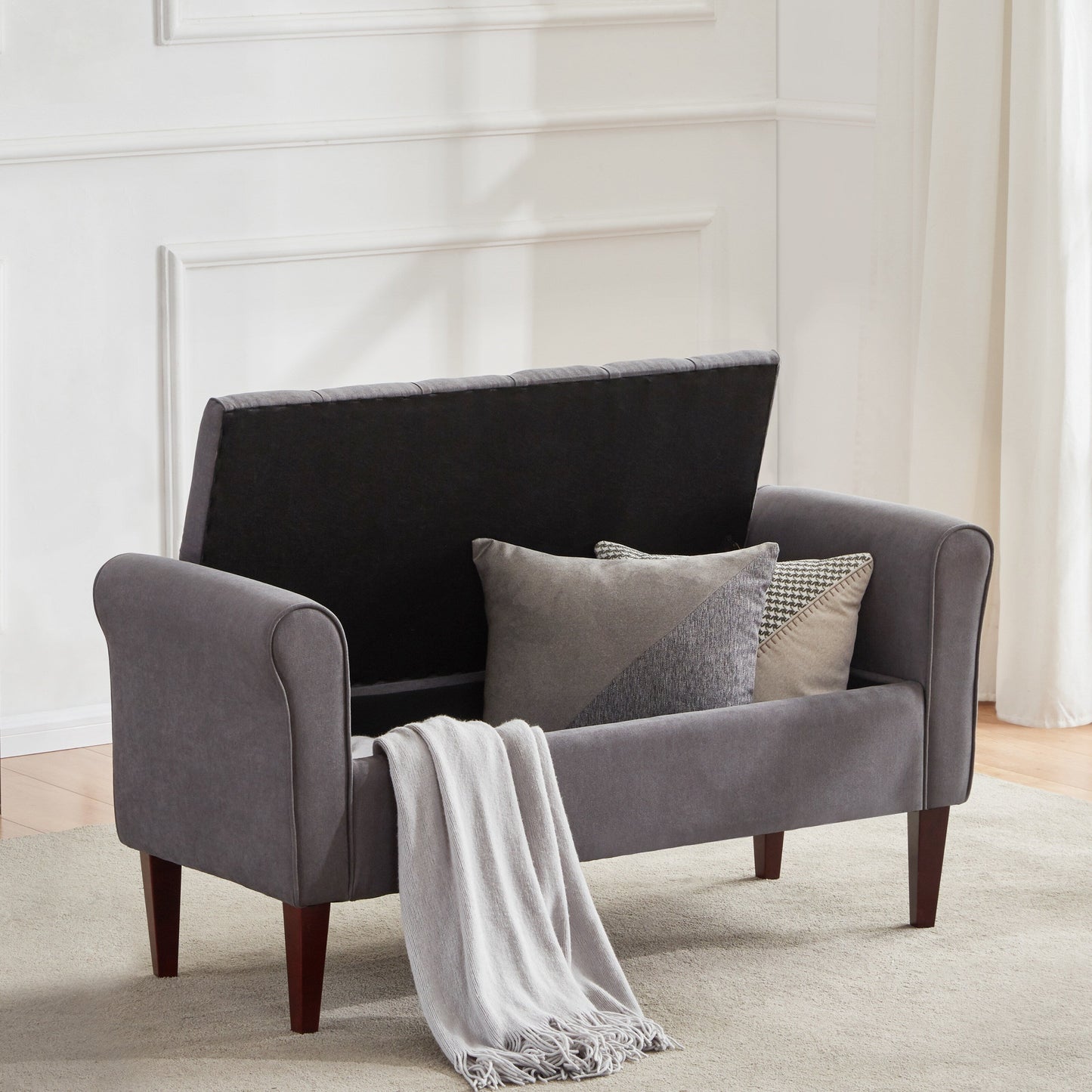 Banc de rangement rembourré avec accoudoirs et dossier capitonné rabattable, 128 cm (50,4 pouces).