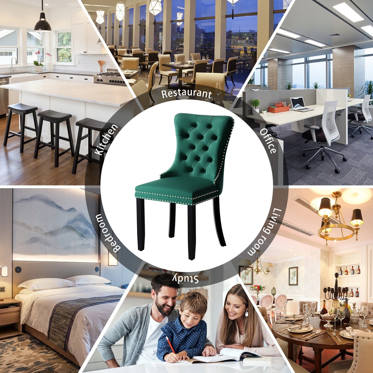 Ensemble de 6 chaises de salle à manger capitonnées en velours avec pieds en bois massif