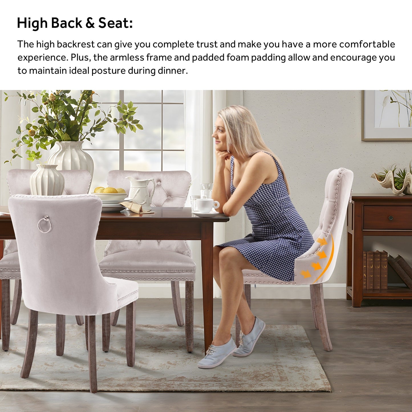 Ensemble de 6 chaises de salle à manger capitonnées en velours avec pieds en bois massif