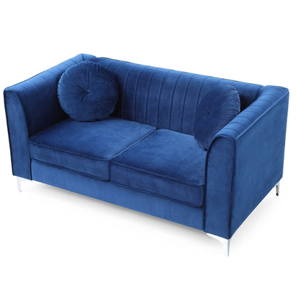 Causeuse capitonnée en velours microsuède avec coussins décoratifs - 65 - Bleu