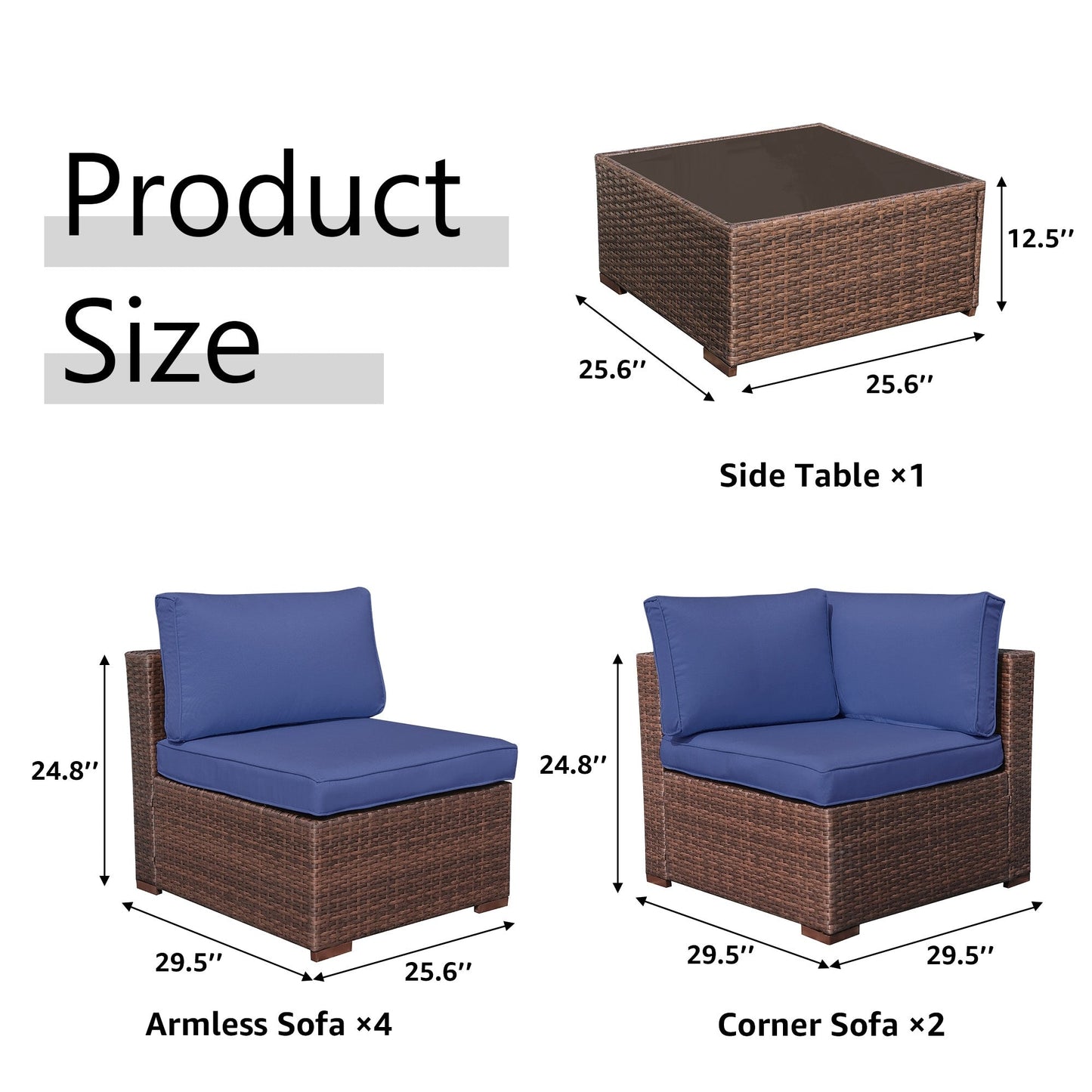 Ensemble de canapés d'angle d'extérieur 7 pièces en osier et acier avec coussins