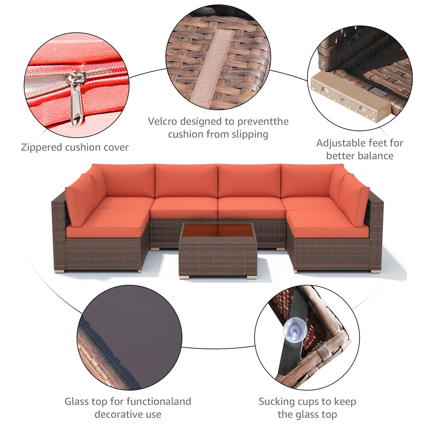 Ensemble de canapés d'angle d'extérieur 7 pièces en osier et acier avec coussins