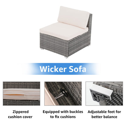 Ensemble de canapés d'angle d'extérieur 7 pièces en osier et acier avec coussins