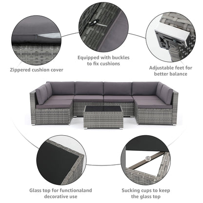 Ensemble de canapés d'angle d'extérieur 7 pièces en osier et acier avec coussins